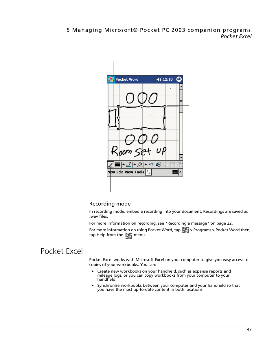 Pocket excel, Recording mode | Acer N10 User Manual | Page 59 / 120