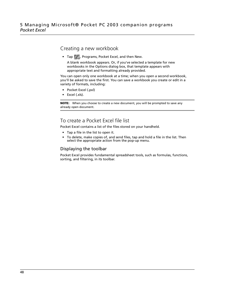 Creating a new workbook, To create a pocket excel file list, Displaying the toolbar | Acer N10 User Manual | Page 60 / 120