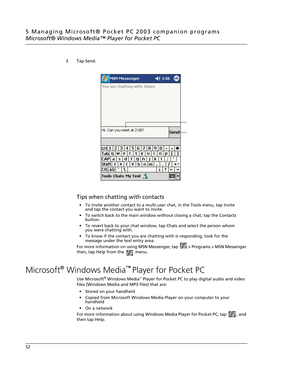 Microsoft® windows media™ player for pocket pc, Microsoft, Windows media | Player for pocket pc, Tips when chatting with contacts | Acer N10 User Manual | Page 64 / 120