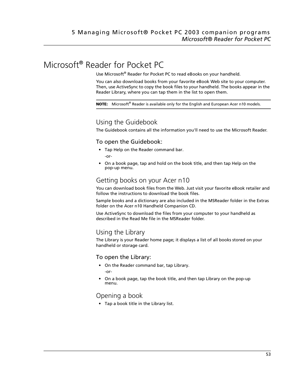 Microsoft® reader for pocket pc, Using the guidebook, Getting books on your acer n10 | Using the library, Opening a book, Microsoft, Reader for pocket pc | Acer N10 User Manual | Page 65 / 120