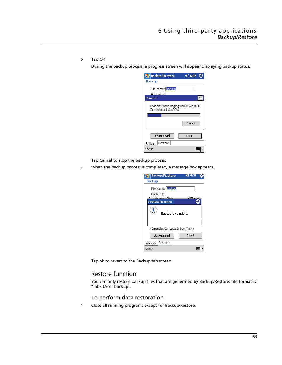 Restore function | Acer N10 User Manual | Page 75 / 120