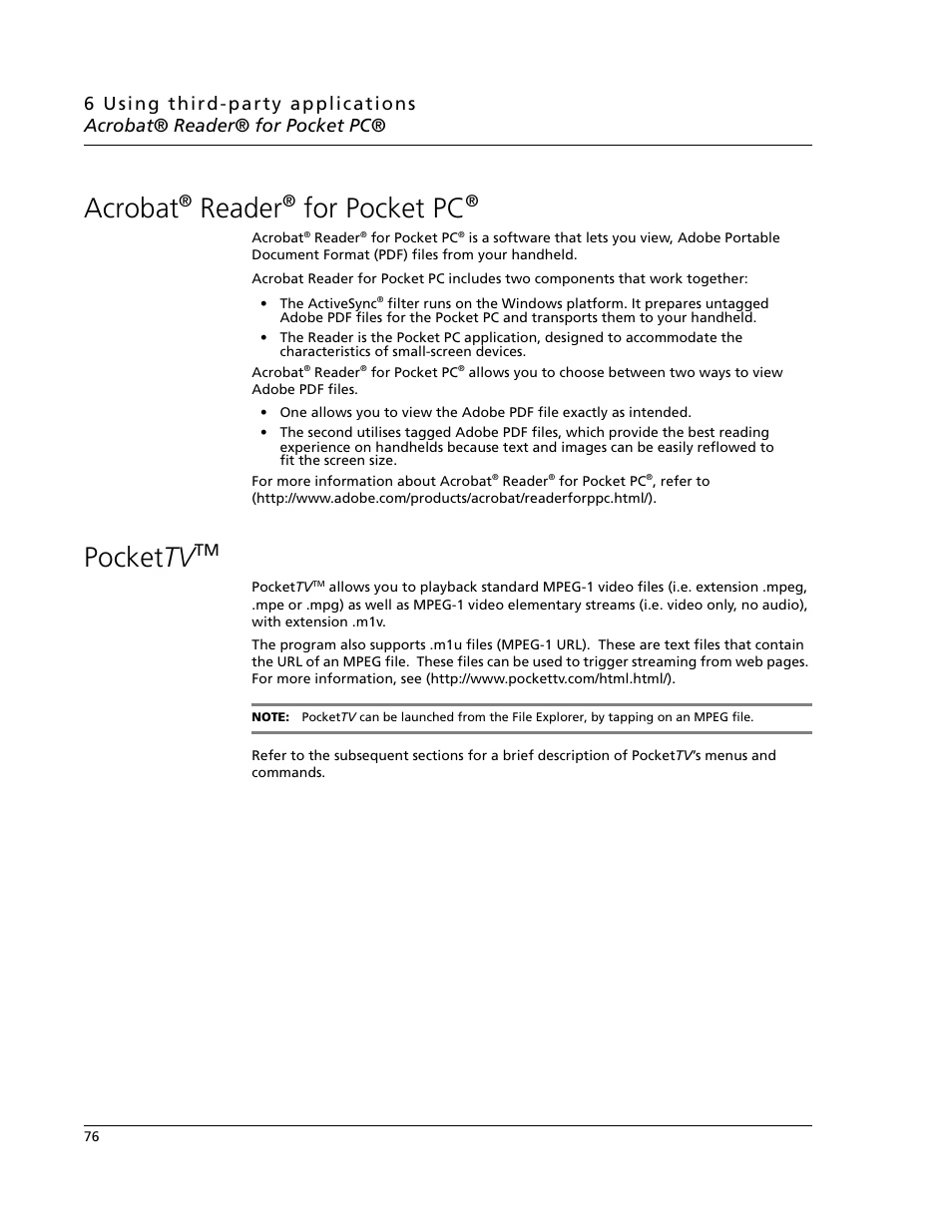 Acrobat® reader® for pocket pc, Pockettvtm, Acrobat | Pockettv, Reader, For pocket pc, Pocket tv | Acer N10 User Manual | Page 88 / 120