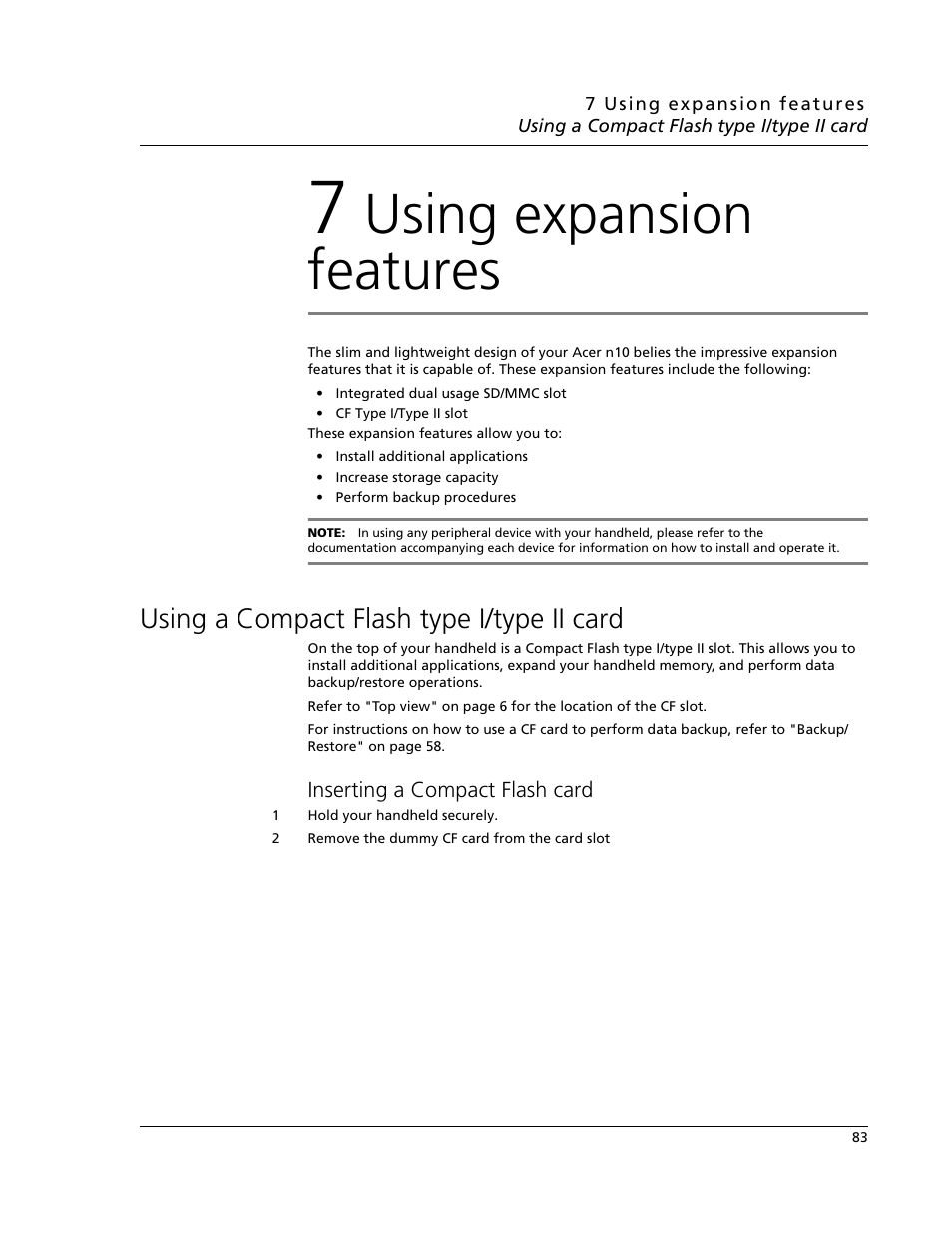 7 using expansion features, Using a compact flash type i/type ii card, Inserting a compact flash card | Using expansion features | Acer N10 User Manual | Page 95 / 120