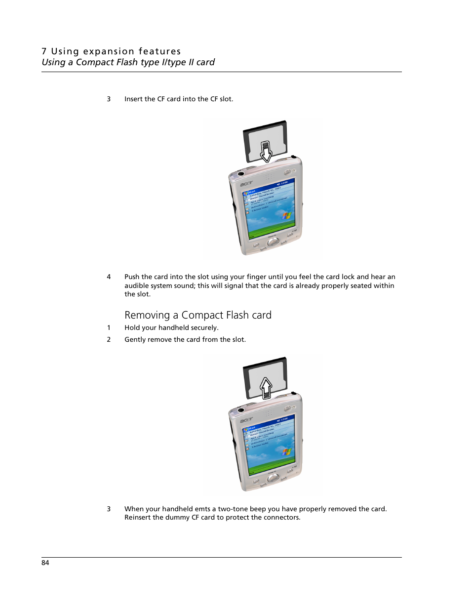 Removing a compact flash card | Acer N10 User Manual | Page 96 / 120