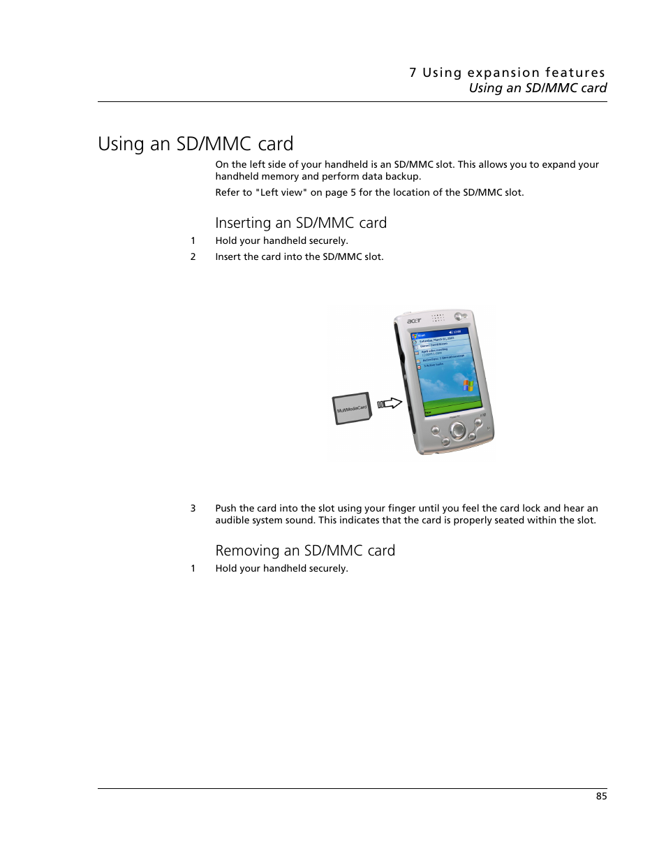 Using an sd/mmc card, Inserting an sd/mmc card, Removing an sd/mmc card | Inserting an sd/mmc card removing an sd/mmc card | Acer N10 User Manual | Page 97 / 120