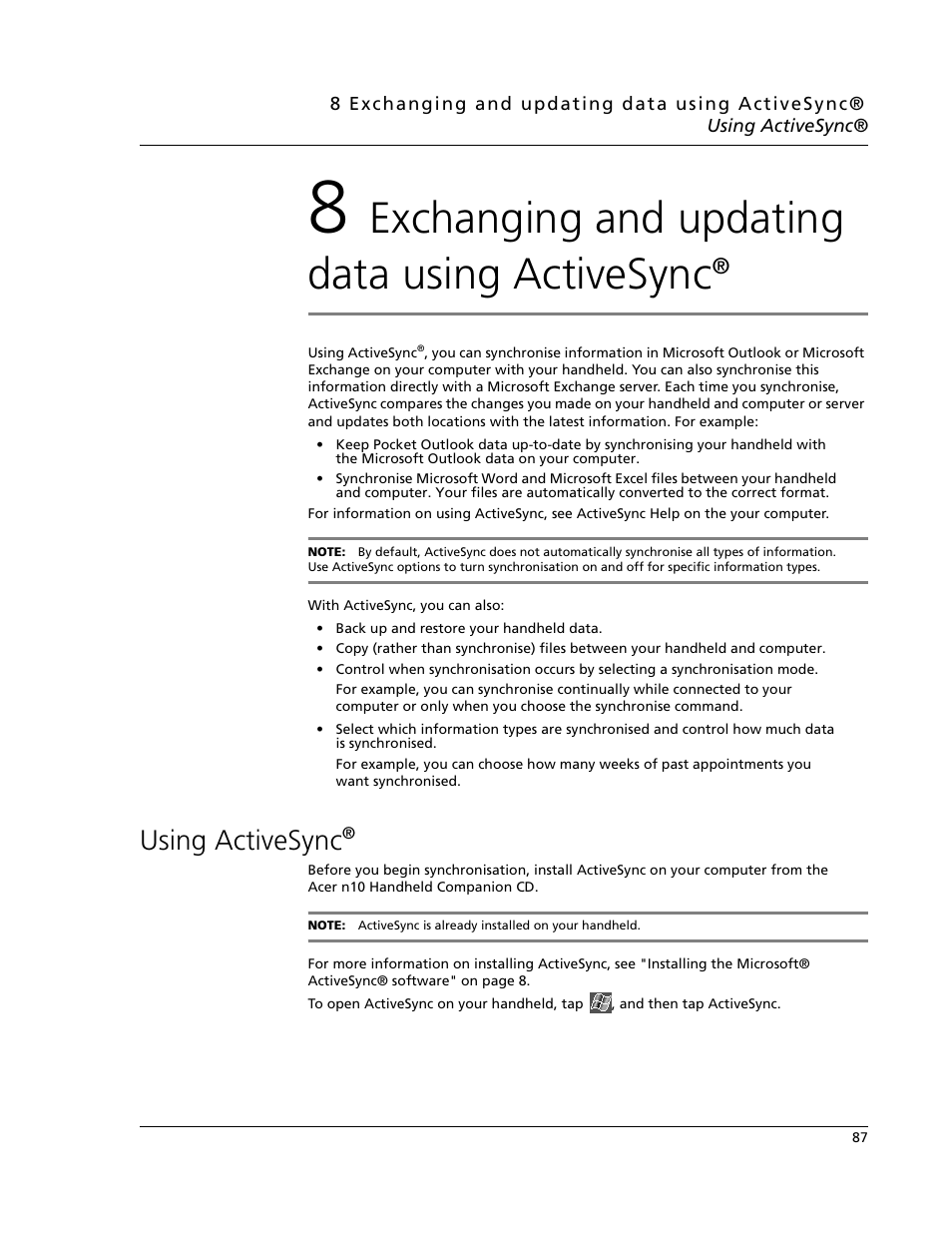 8 exchanging and updating data using activesync, Using activesync, Exchanging and updating data using activesync | Acer N10 User Manual | Page 99 / 120