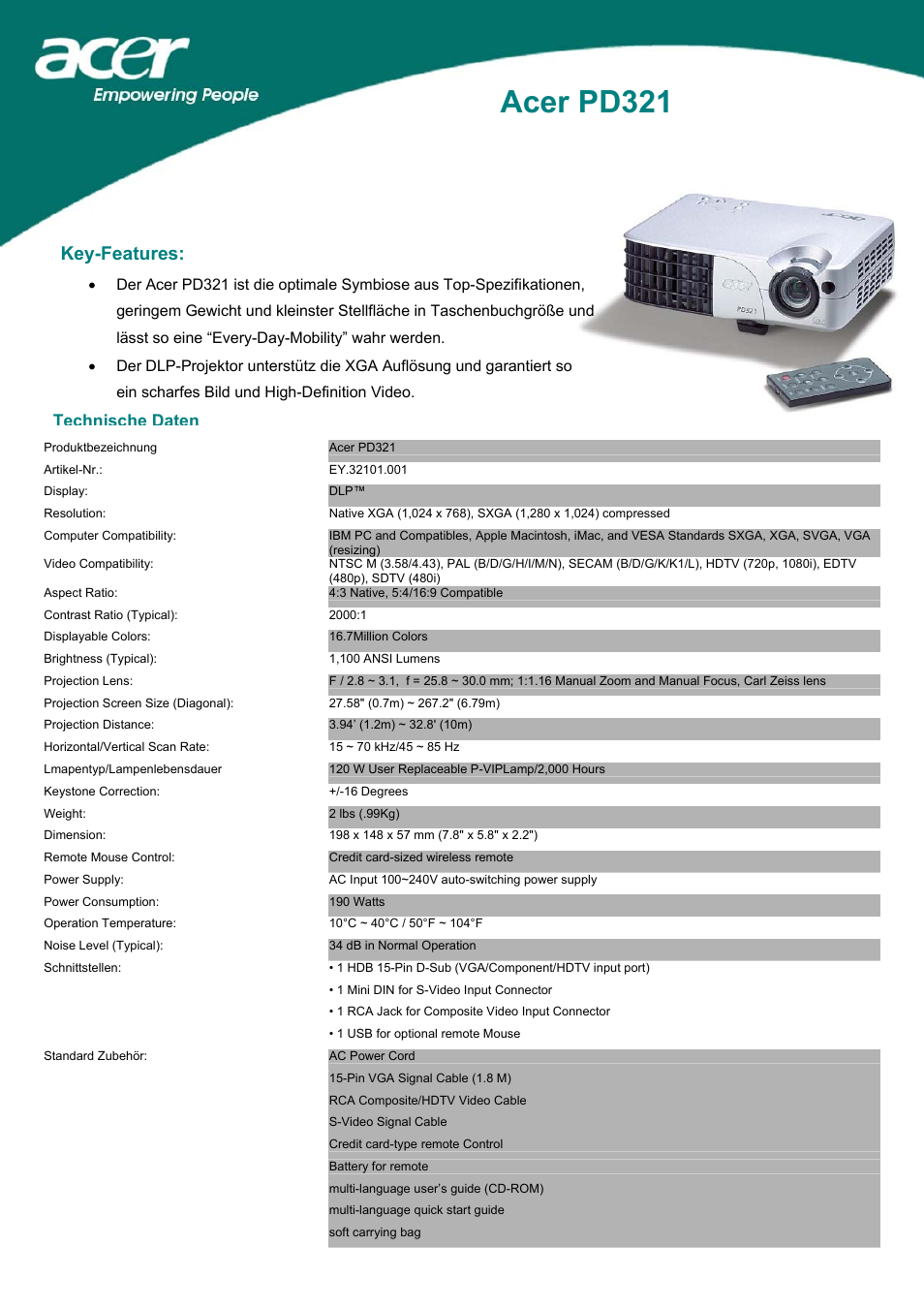 Acer PD 321 User Manual | 1 page