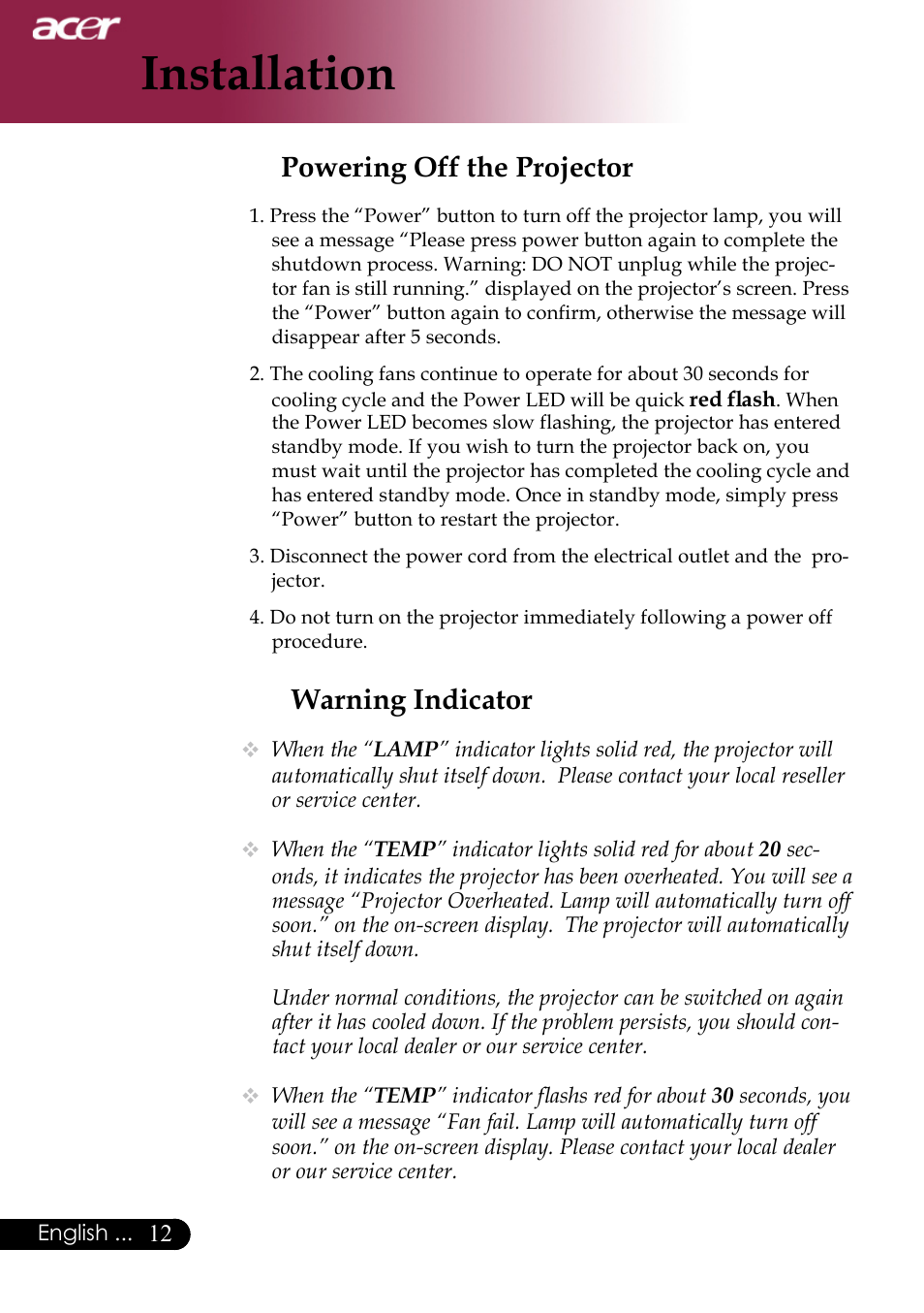 Installation, Warning indicator, Powering off the projector | Acer XD1170 User Manual | Page 14 / 47