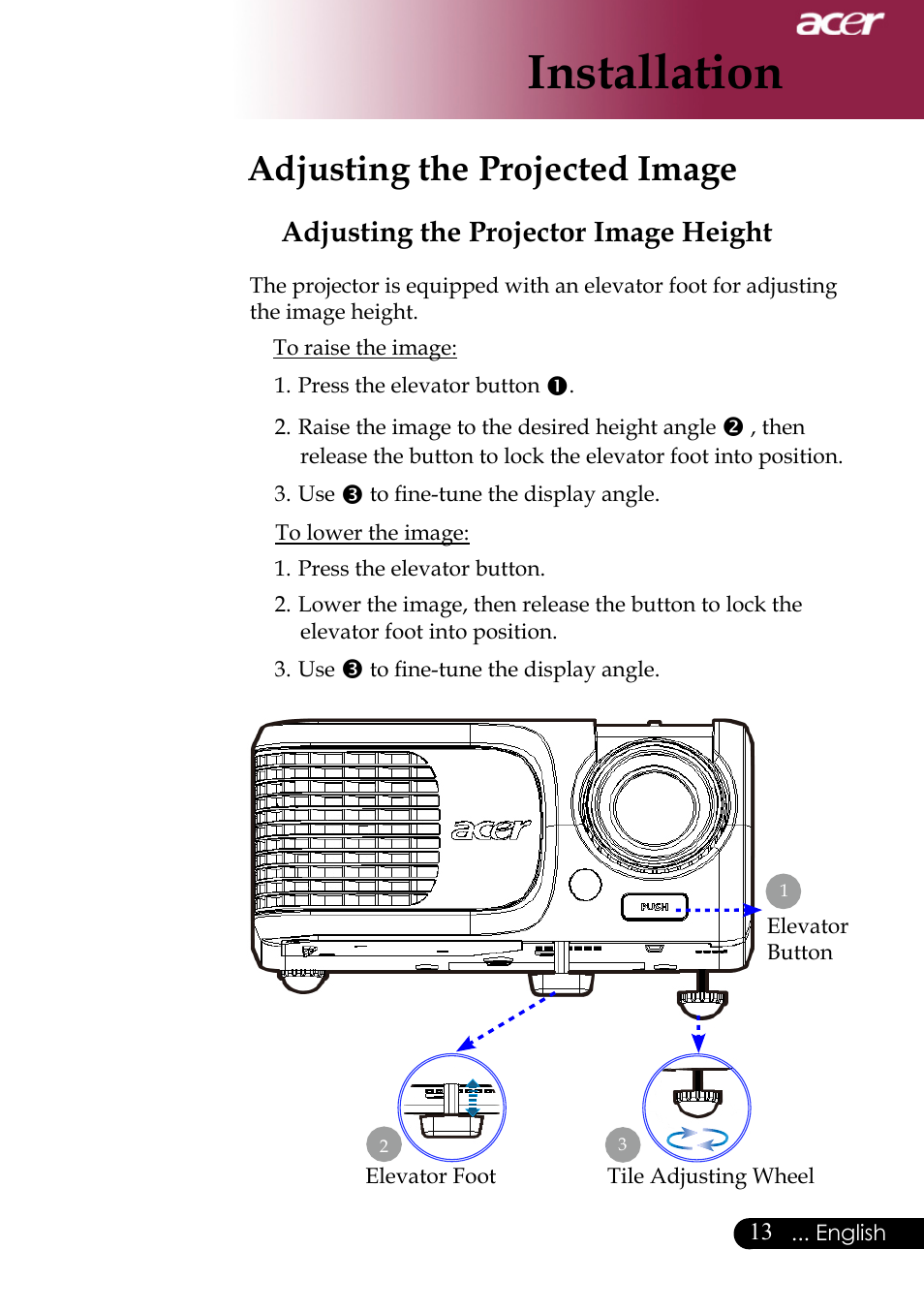 Installation, Adjusting the projected image, Adjusting the projector image height | Acer XD1170 User Manual | Page 15 / 47