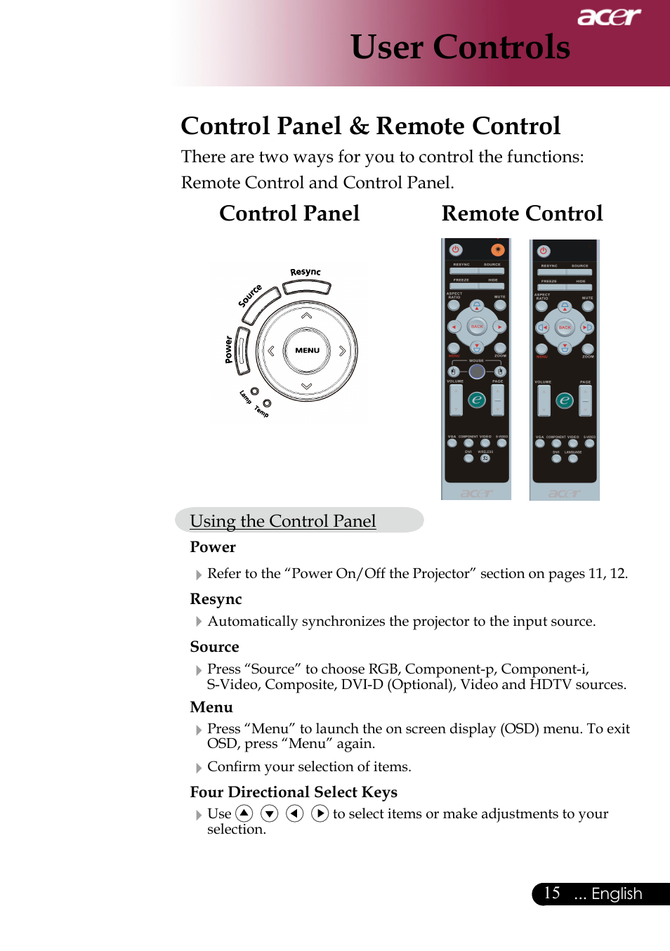 User controls, Control panel & remote control, Remote control control panel | Acer XD1170 User Manual | Page 17 / 47