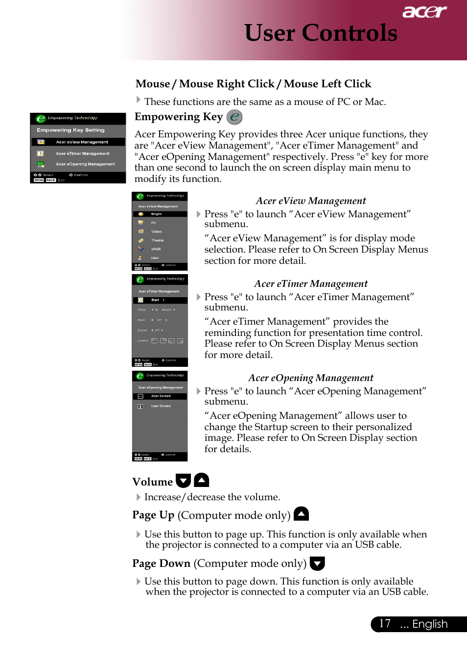 User controls | Acer XD1170 User Manual | Page 19 / 47