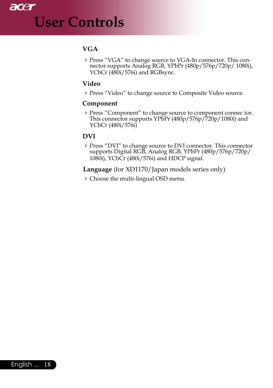 User controls | Acer XD1170 User Manual | Page 20 / 47