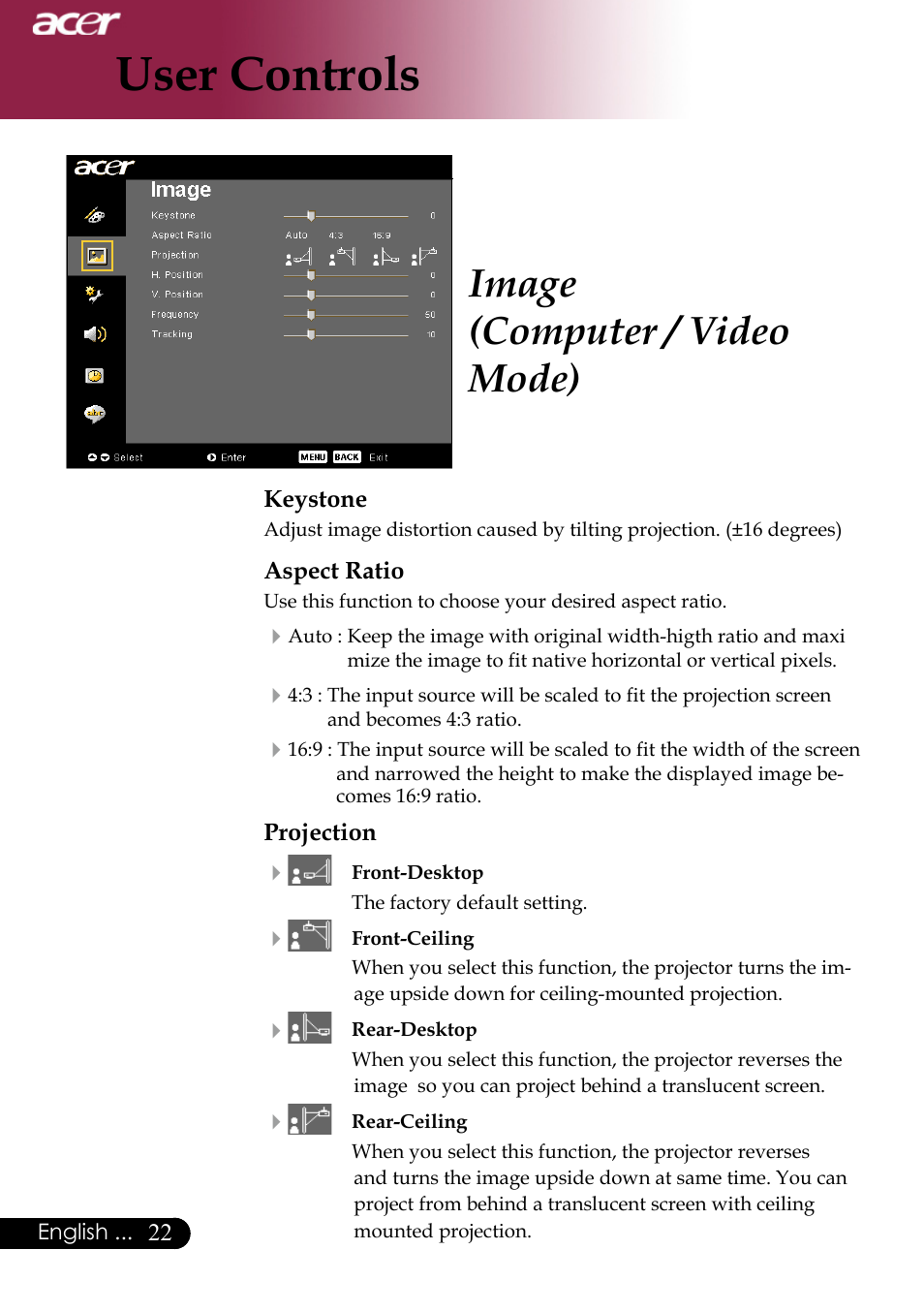 User controls, Image (computer / video mode) | Acer XD1170 User Manual | Page 24 / 47