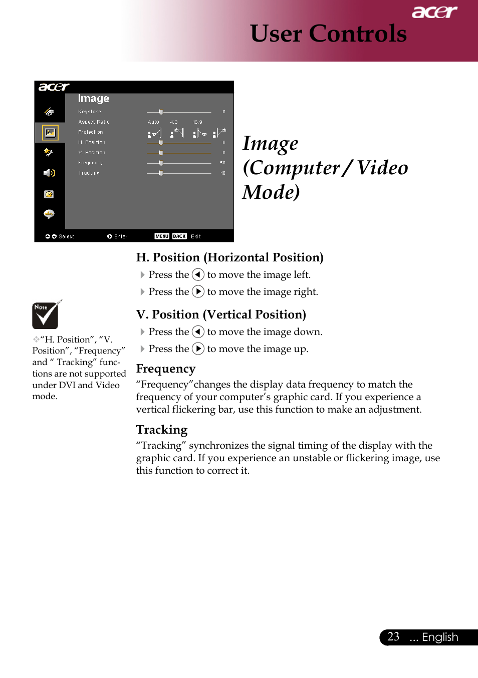 User controls, Image (computer / video mode) | Acer XD1170 User Manual | Page 25 / 47