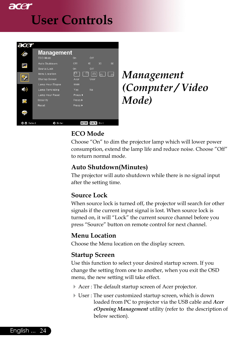 User controls, Management (computer / video mode) | Acer XD1170 User Manual | Page 26 / 47