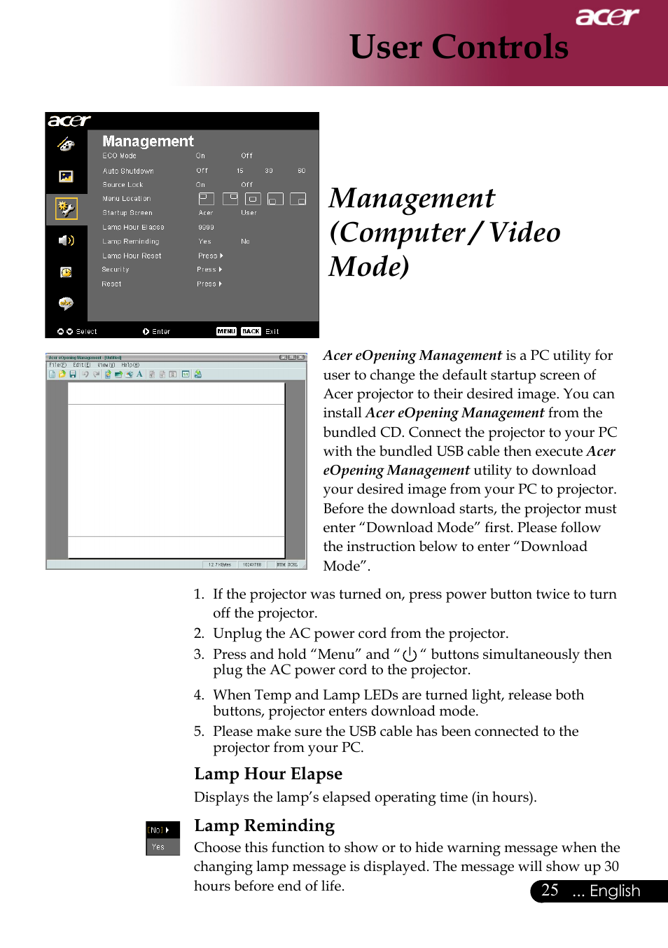 User controls, Management (computer / video mode) | Acer XD1170 User Manual | Page 27 / 47