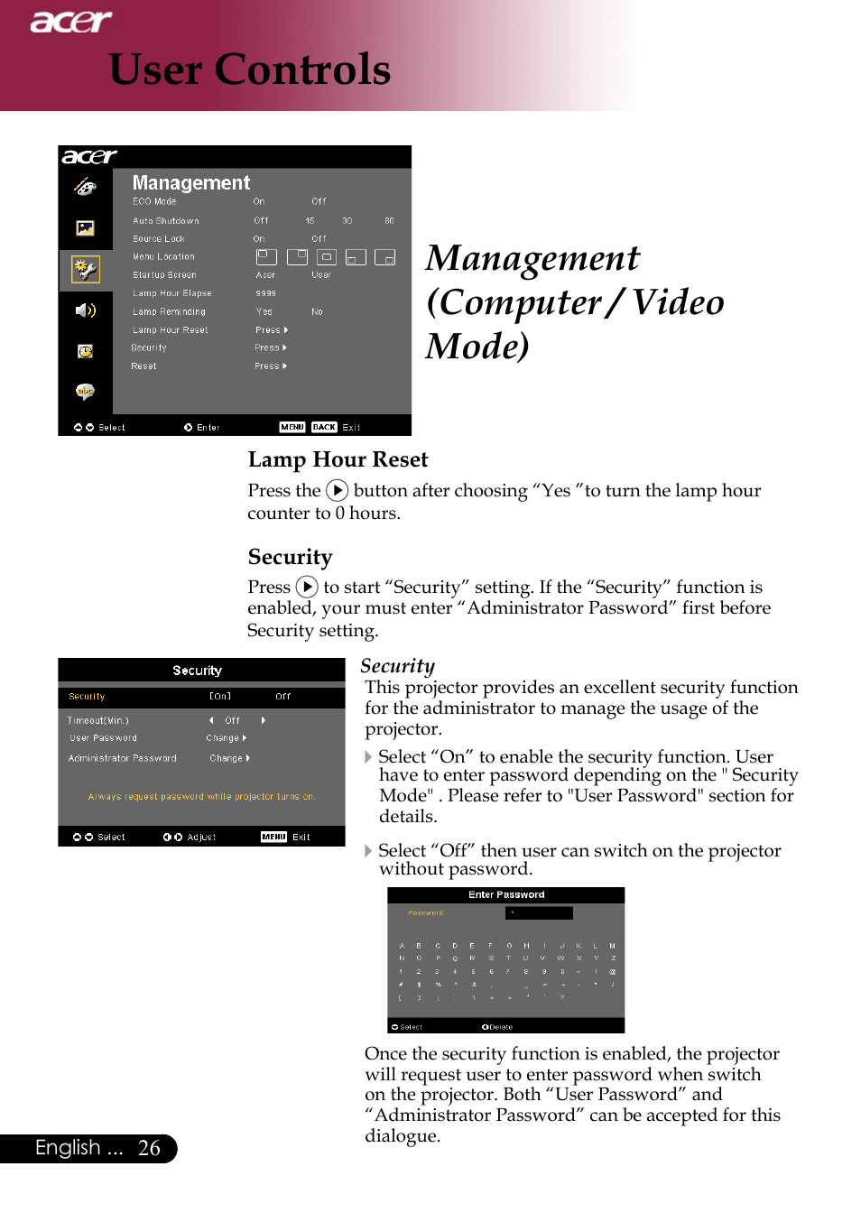 User controls, Management (computer / video mode) | Acer XD1170 User Manual | Page 28 / 47