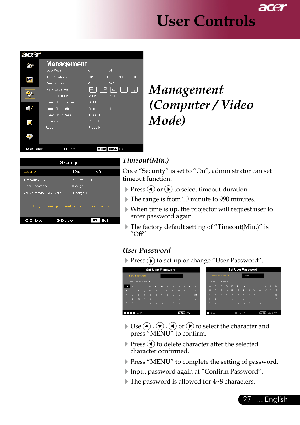 User controls, Management (computer / video mode) | Acer XD1170 User Manual | Page 29 / 47