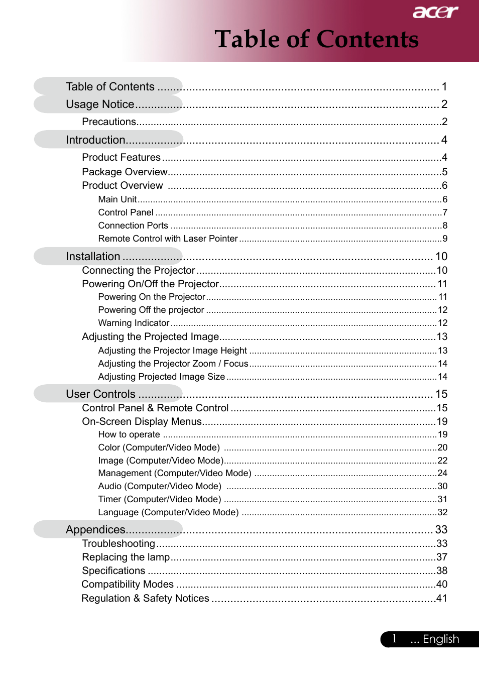 Acer XD1170 User Manual | Page 3 / 47