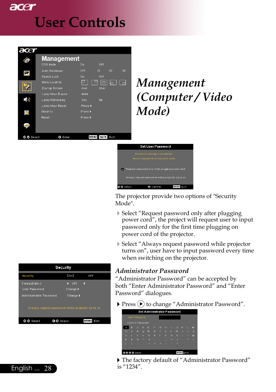 User controls, Management (computer / video mode) | Acer XD1170 User Manual | Page 30 / 47