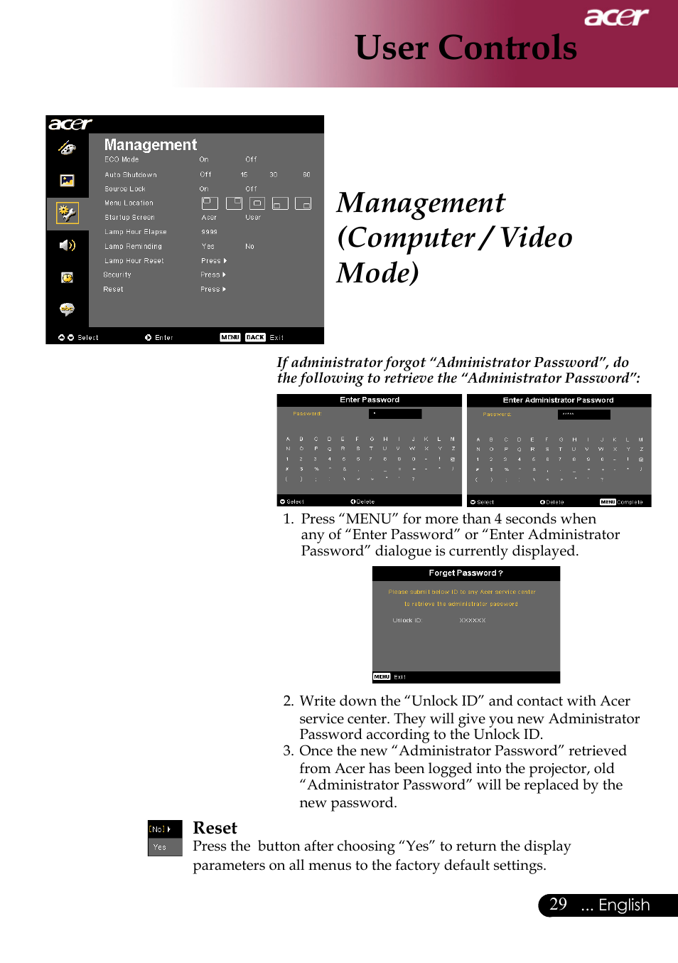 User controls, Management (computer / video mode) | Acer XD1170 User Manual | Page 31 / 47