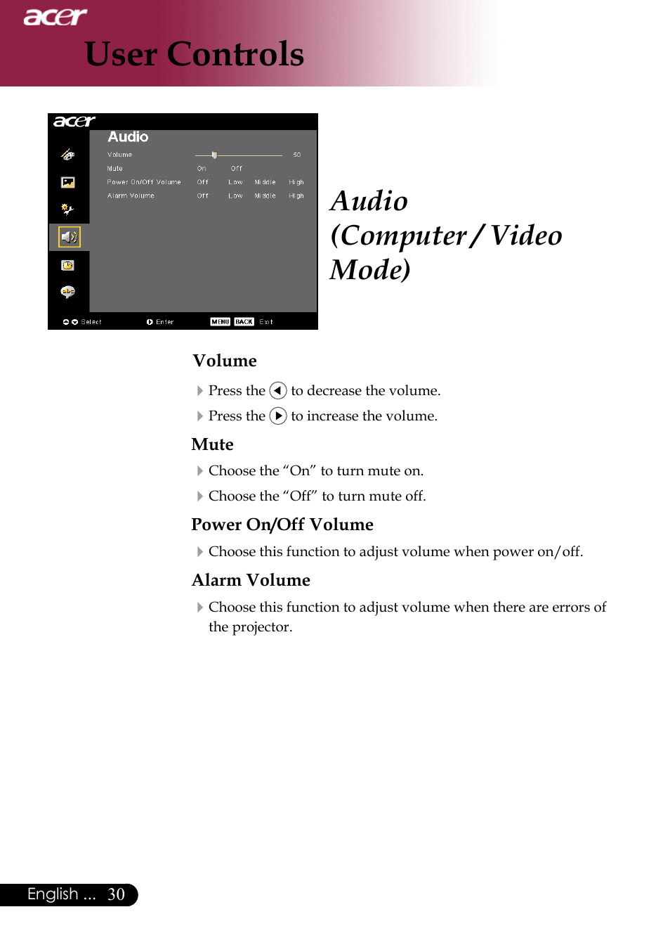 User controls, Audio (computer / video mode) | Acer XD1170 User Manual | Page 32 / 47