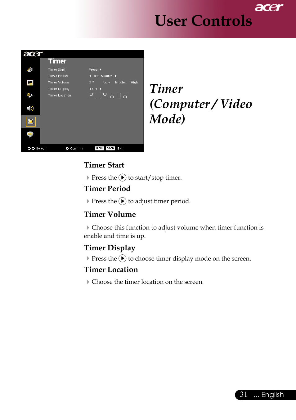 User controls, Timer (computer / video mode) | Acer XD1170 User Manual | Page 33 / 47