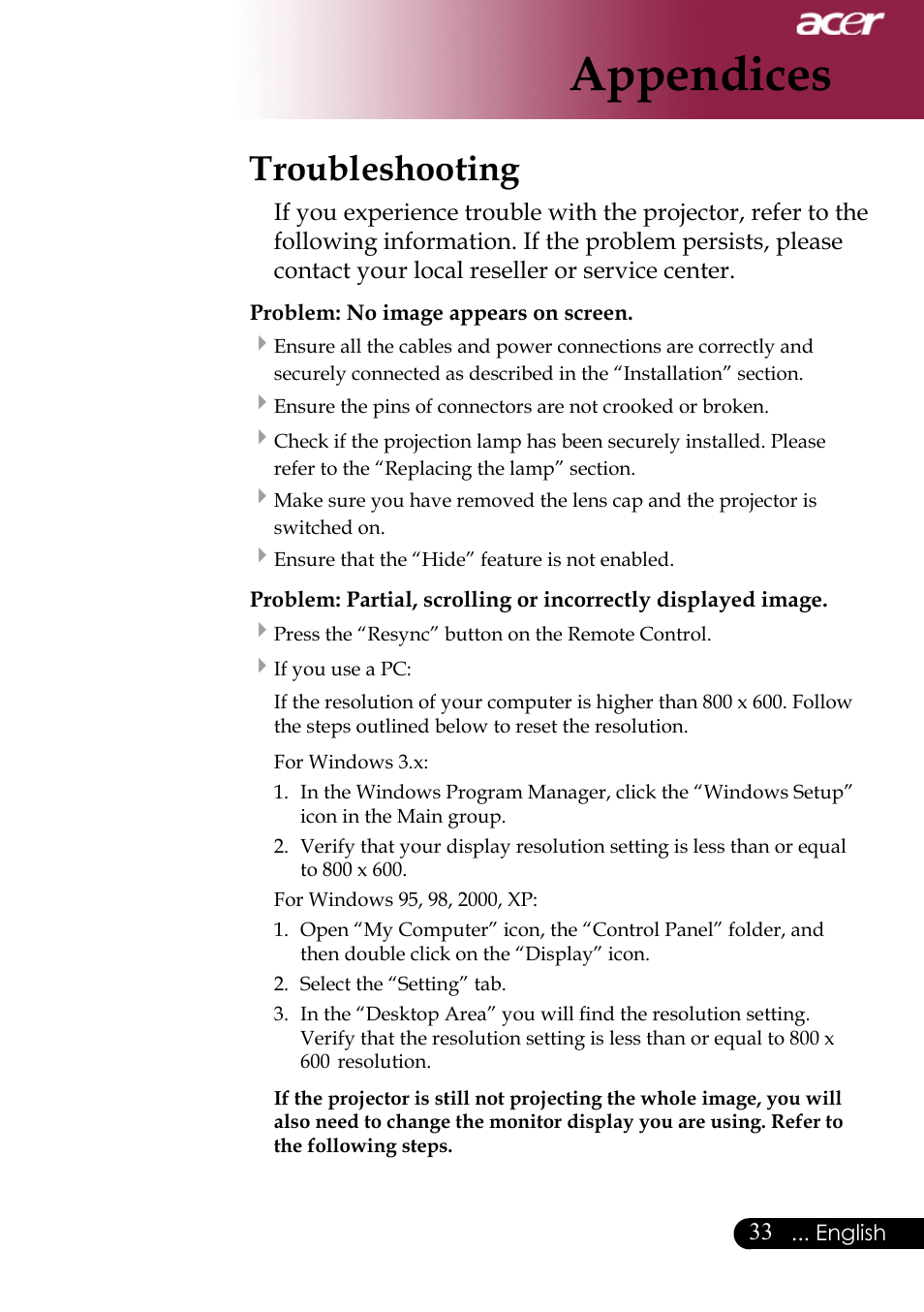 Appendices, Troubleshooting | Acer XD1170 User Manual | Page 35 / 47