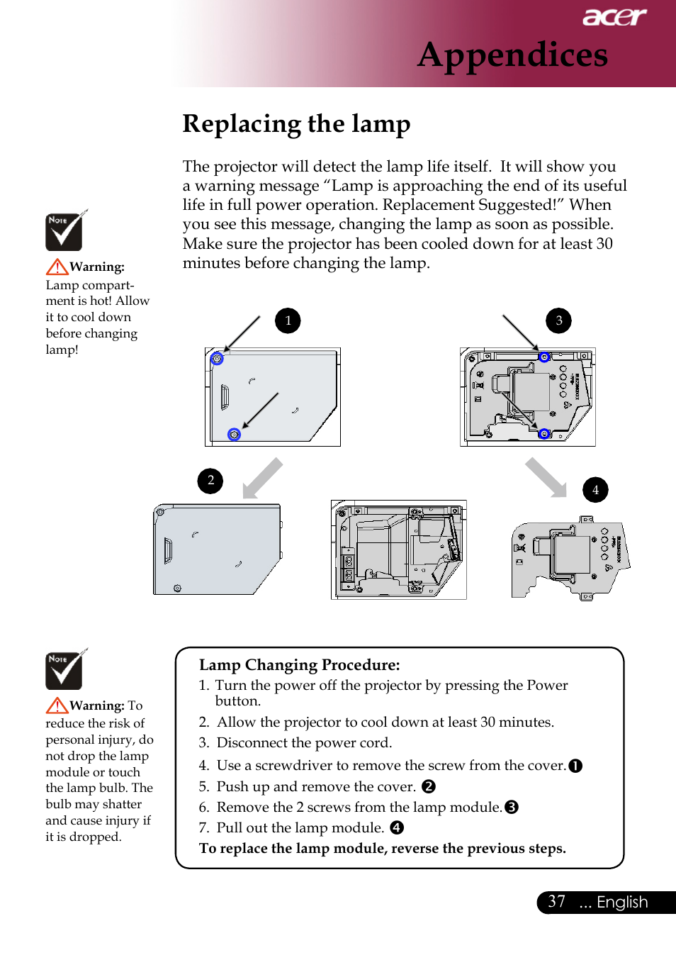 Appendices, Replacing the lamp | Acer XD1170 User Manual | Page 39 / 47