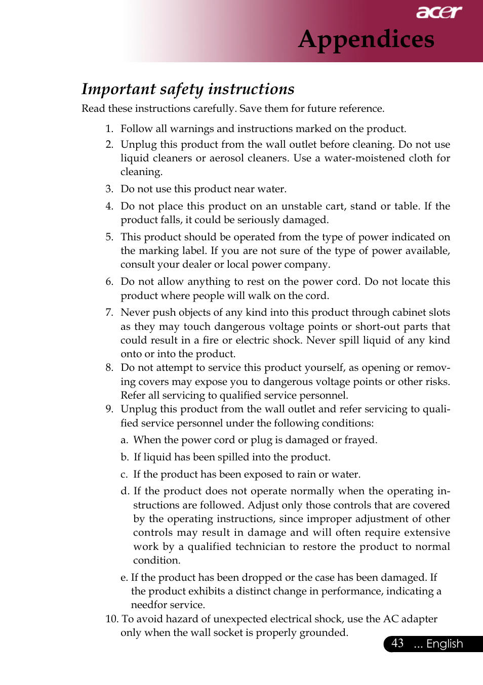 Appendices, Important safety instructions | Acer XD1170 User Manual | Page 45 / 47