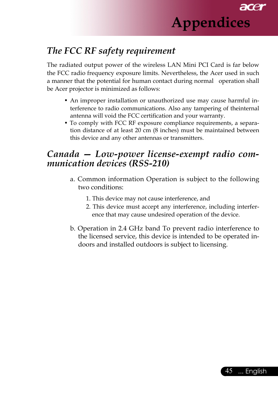 Appendices, The fcc rf safety requirement | Acer XD1170 User Manual | Page 47 / 47