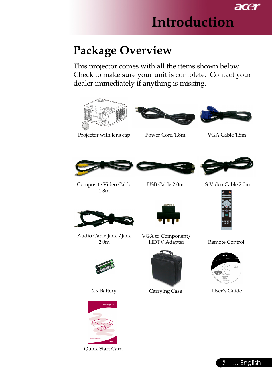 Introduction, Package overview | Acer XD1170 User Manual | Page 7 / 47