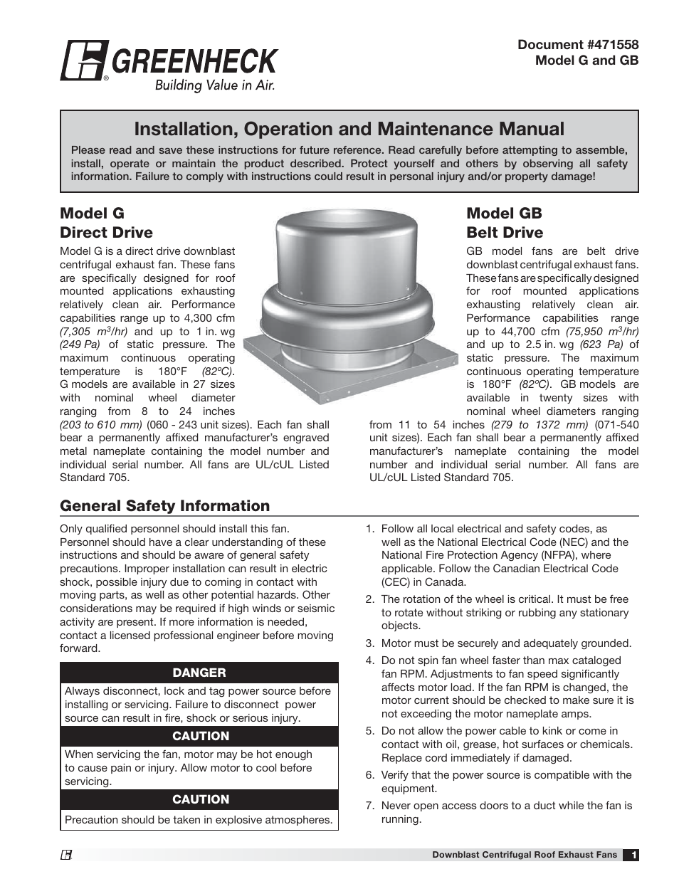 Greenheck Model G User Manual | 12 pages