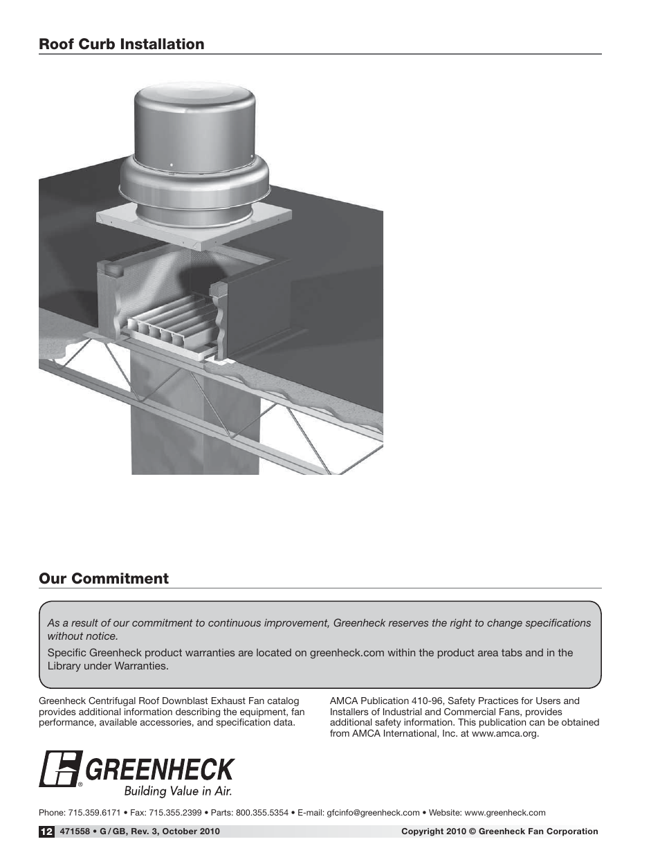 Roof curb installation, Our commitment | Greenheck Model G User Manual | Page 12 / 12