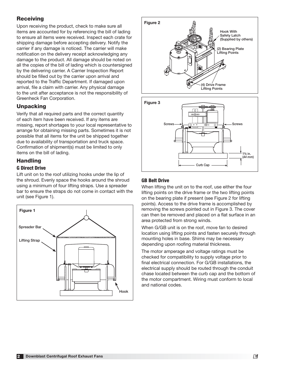 Receiving, Unpacking, Handling | G direct drive, Gb belt drive | Greenheck Model G User Manual | Page 2 / 12