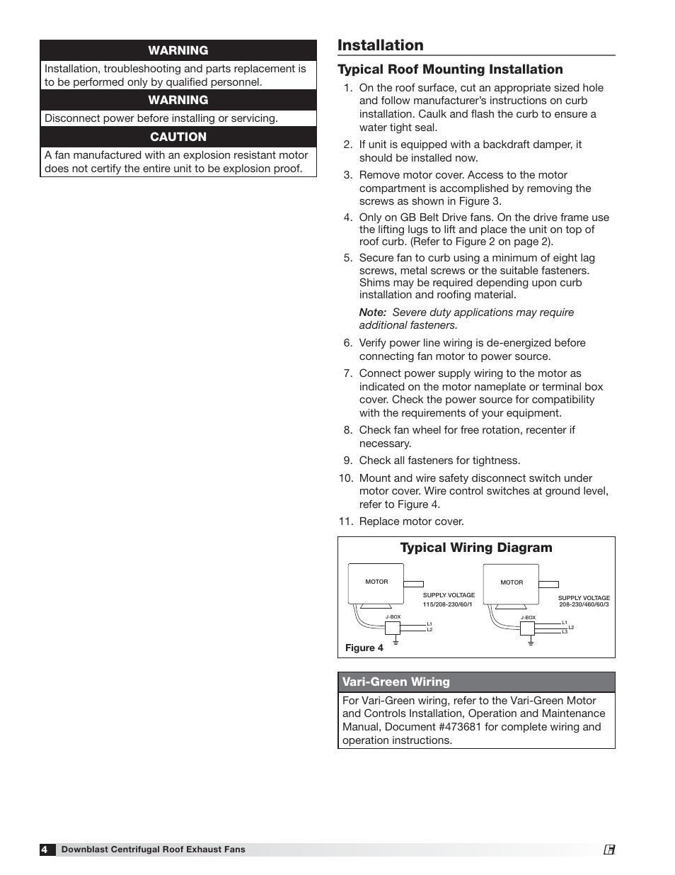 Installation, Typical roof mounting installation, Typical wiring diagram | Warning, Caution, Vari-green wiring | Greenheck Model G User Manual | Page 4 / 12
