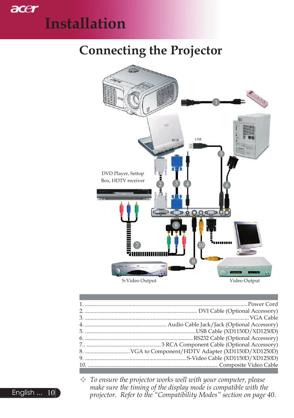 Installation, Connecting the projector | Acer XD1250D series User Manual | Page 12 / 45