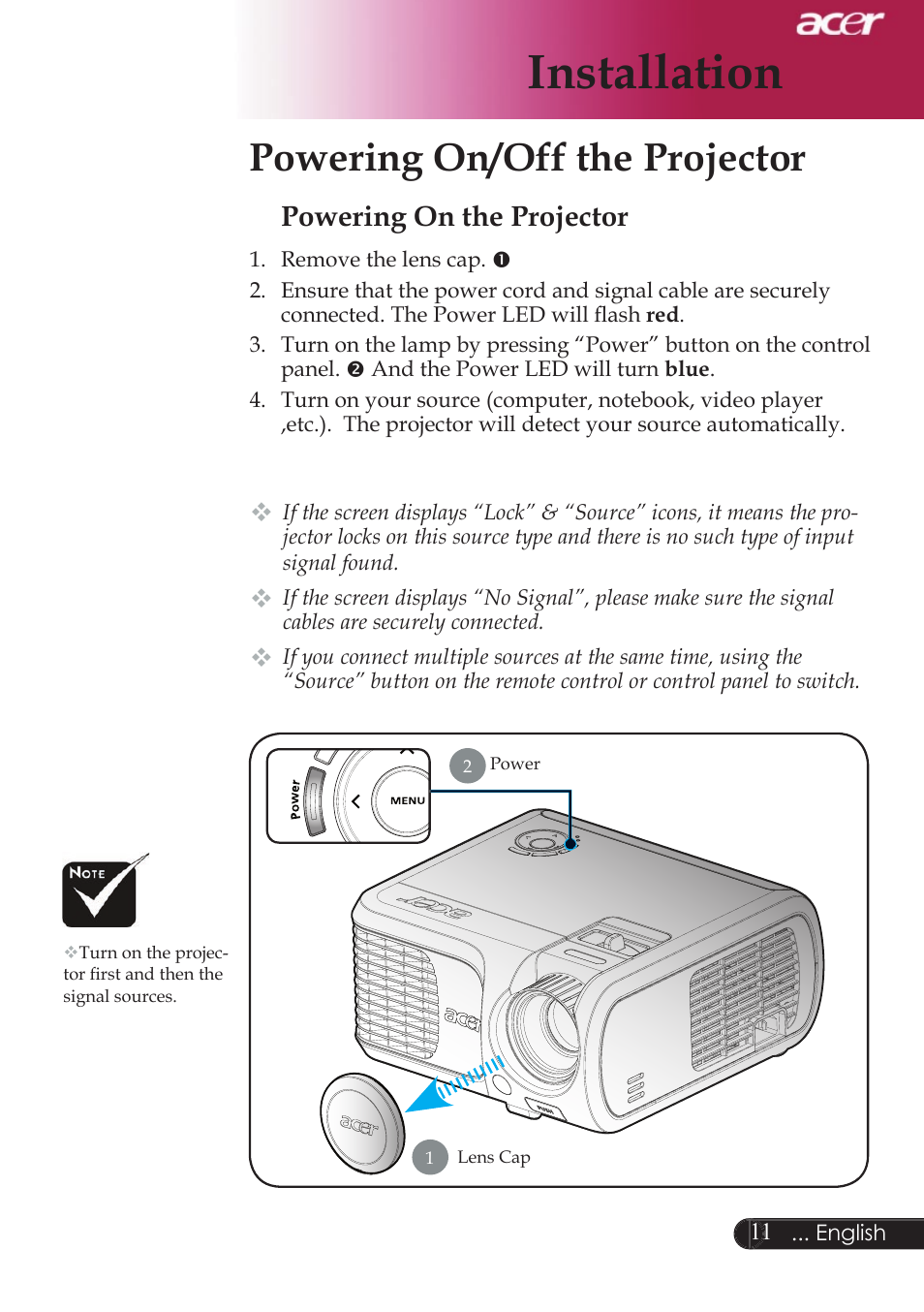 Installation, Powering on/off the projector, Powering on the projector | Acer XD1250D series User Manual | Page 13 / 45