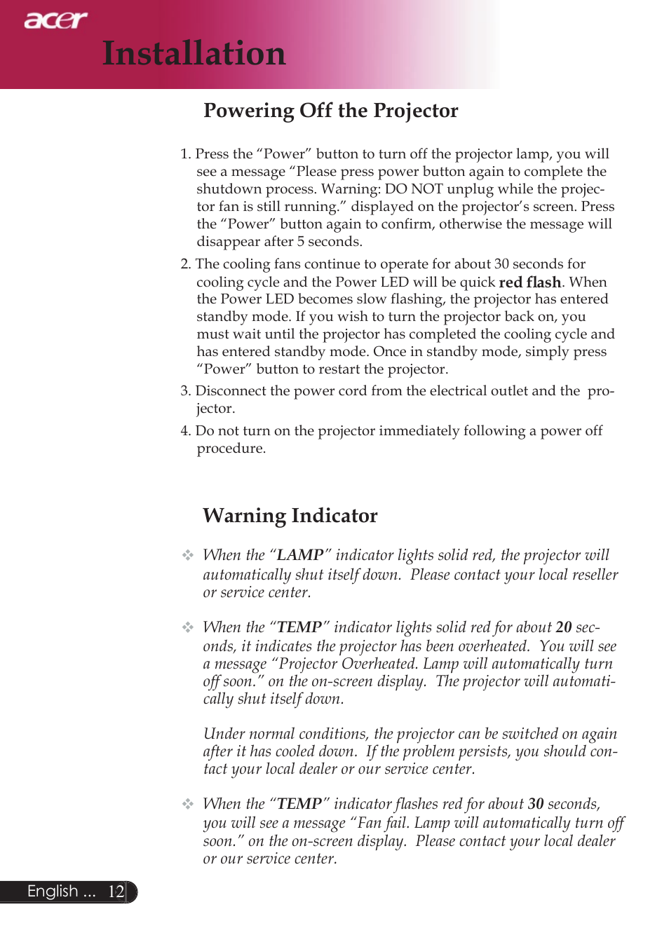 Installation, Warning indicator, Powering off the projector | Acer XD1250D series User Manual | Page 14 / 45