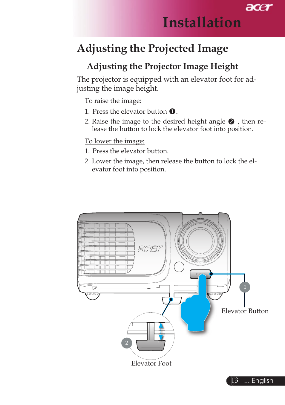 Installation, Adjusting the projected image, Adjusting the projector image height | Acer XD1250D series User Manual | Page 15 / 45