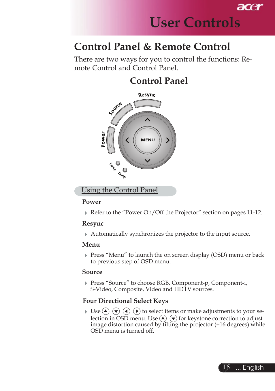 User controls, Control panel & remote control, Control panel | Acer XD1250D series User Manual | Page 17 / 45