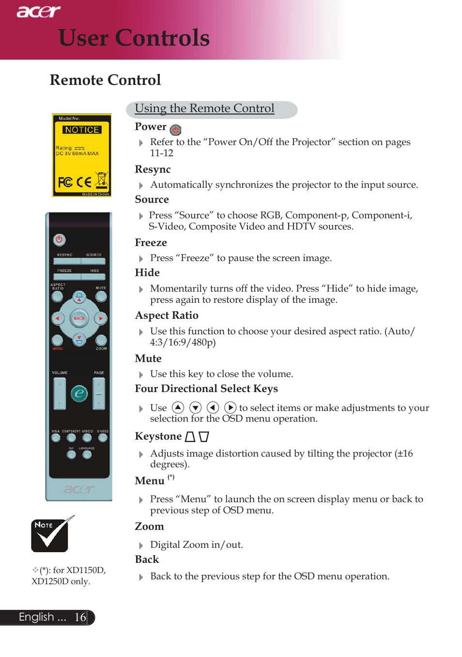 User controls, Remote control | Acer XD1250D series User Manual | Page 18 / 45