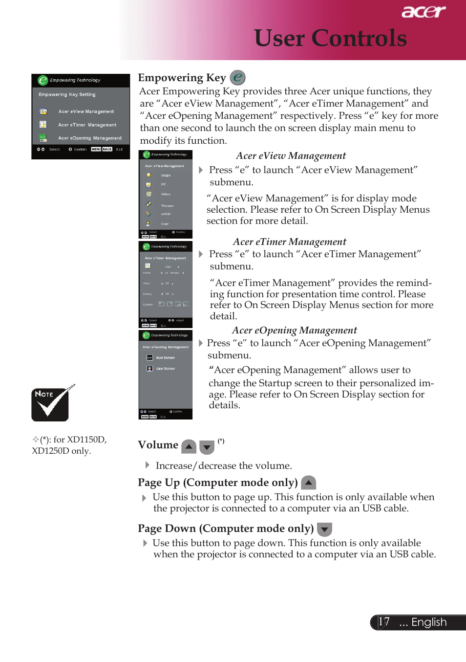 User controls | Acer XD1250D series User Manual | Page 19 / 45