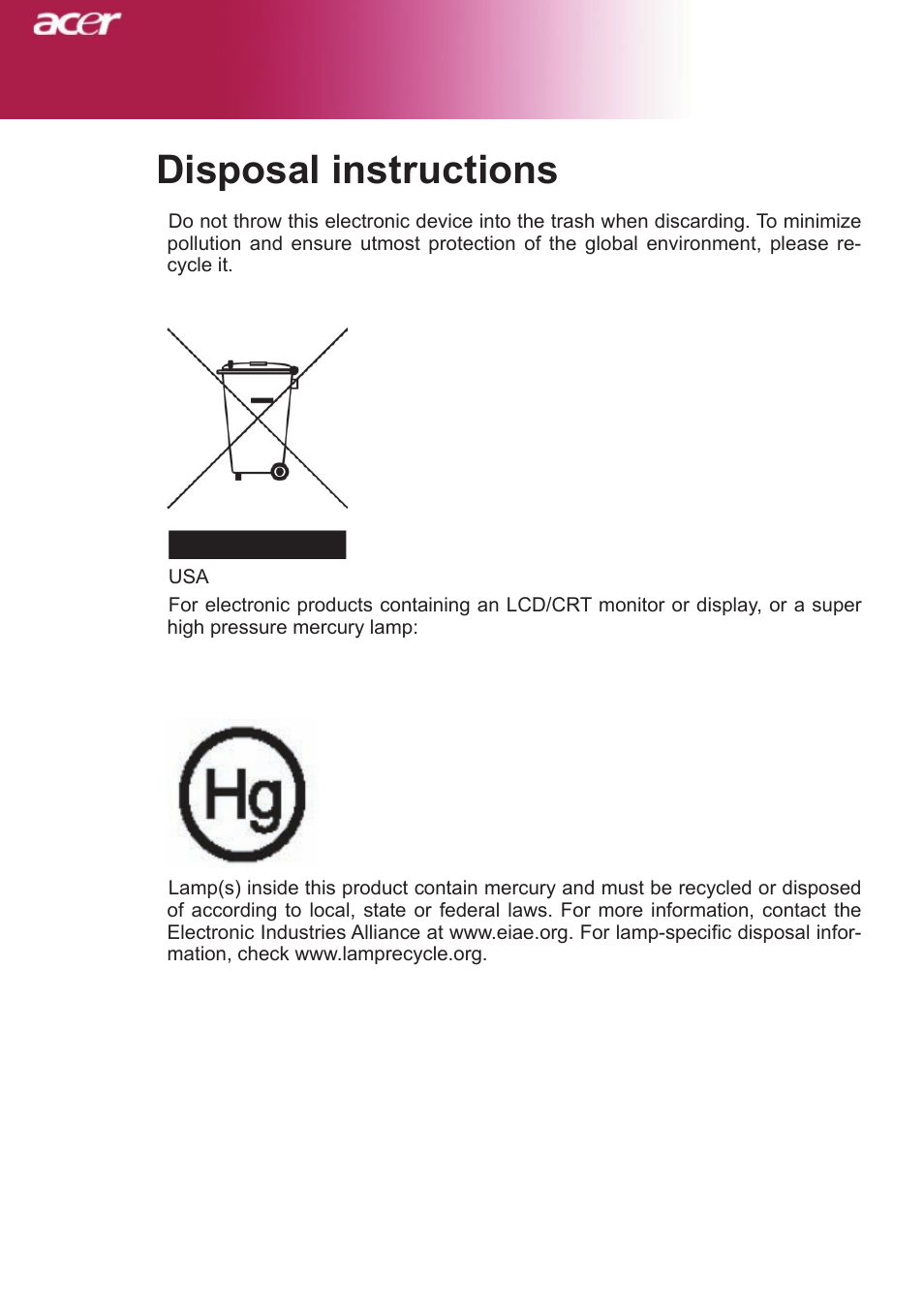 Disposal instructions | Acer XD1250D series User Manual | Page 2 / 45
