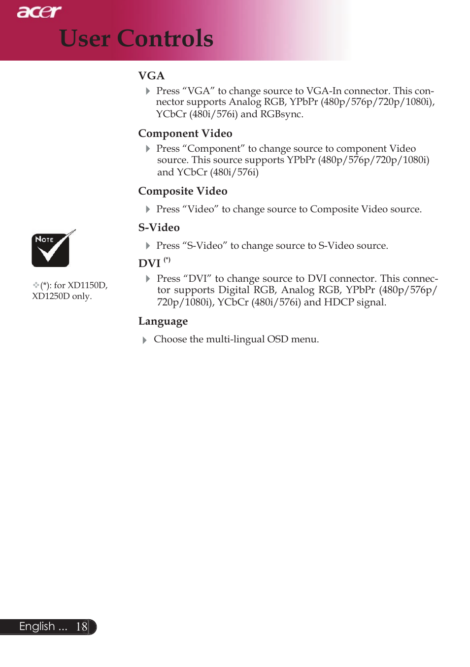 User controls | Acer XD1250D series User Manual | Page 20 / 45