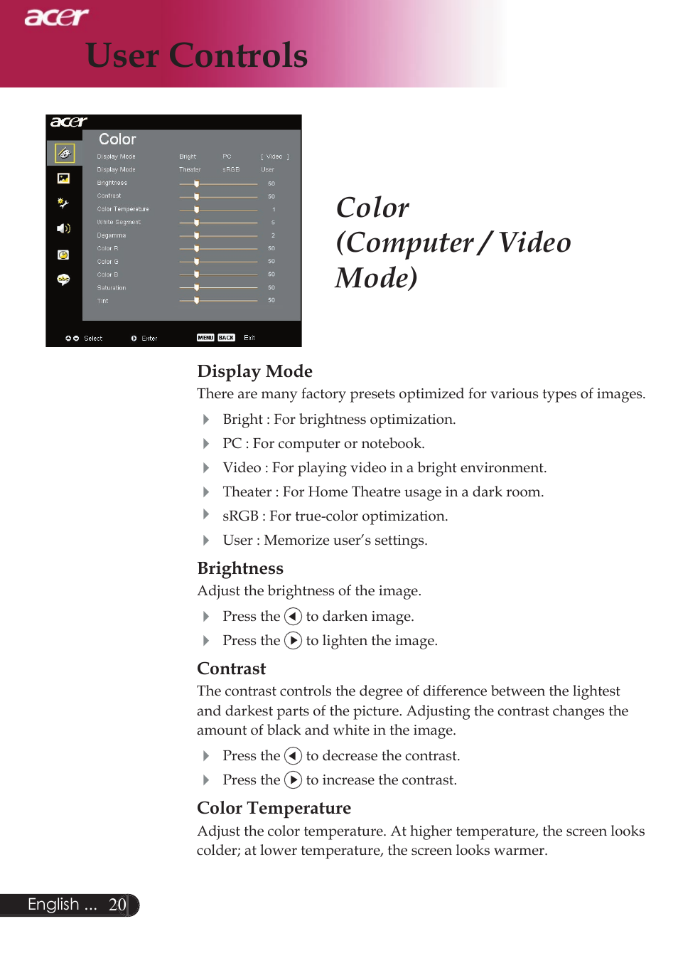 User controls, Color (computer / video mode) | Acer XD1250D series User Manual | Page 22 / 45