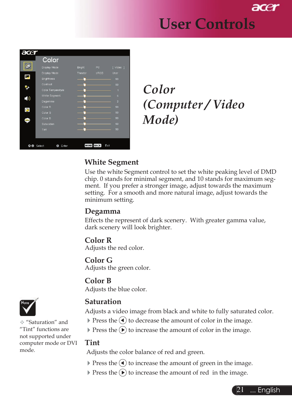 User controls, Color (computer / video mode) | Acer XD1250D series User Manual | Page 23 / 45