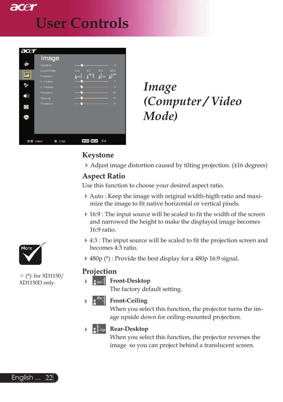 User controls, Image (computer / video mode) | Acer XD1250D series User Manual | Page 24 / 45