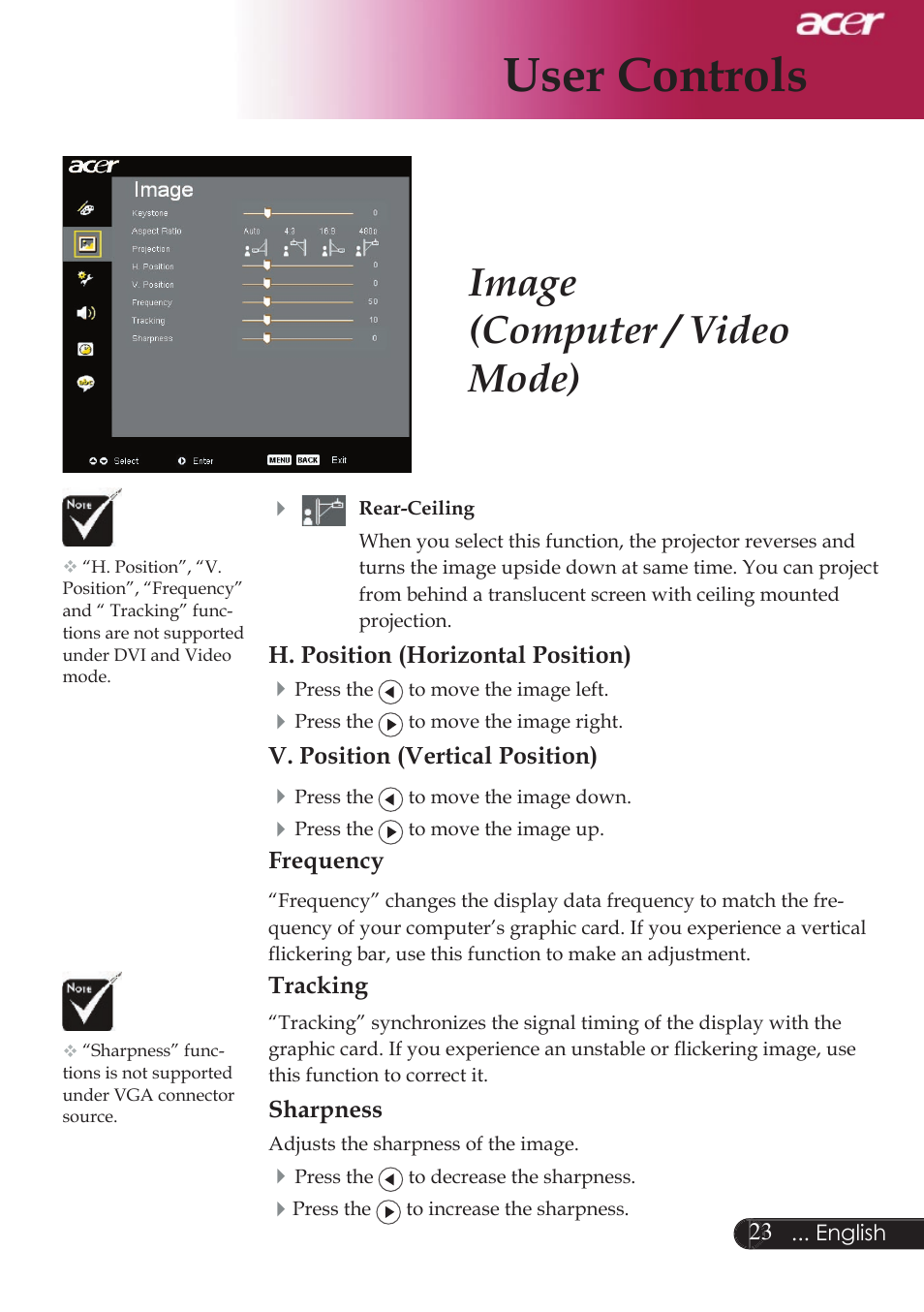 User controls, Image (computer / video mode) | Acer XD1250D series User Manual | Page 25 / 45