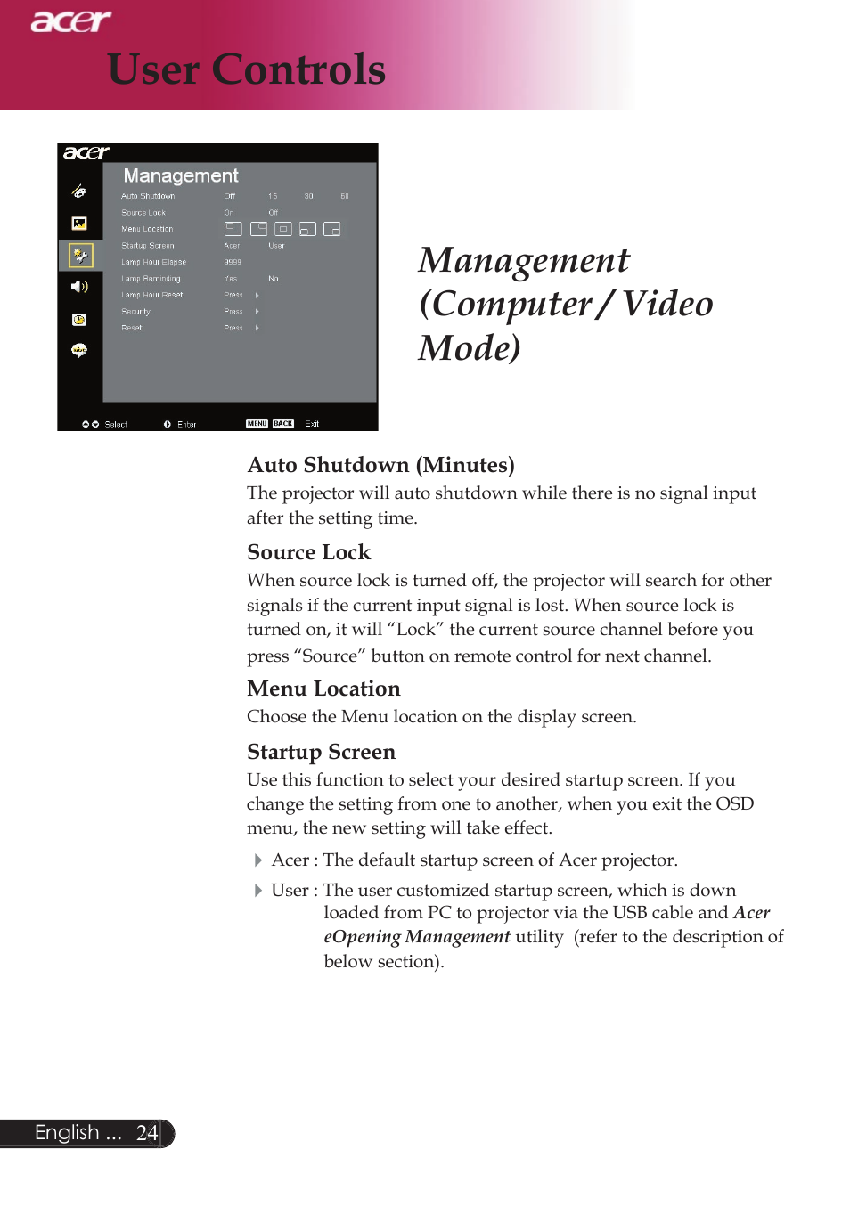User controls, Management (computer / video mode) | Acer XD1250D series User Manual | Page 26 / 45
